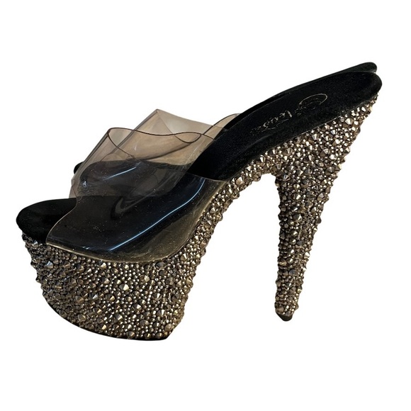 PLEASER Bejeweled Platform Slides Sandals Gunmetal Rhinestone Studs Fits Size 8 - Picture 3 of 8